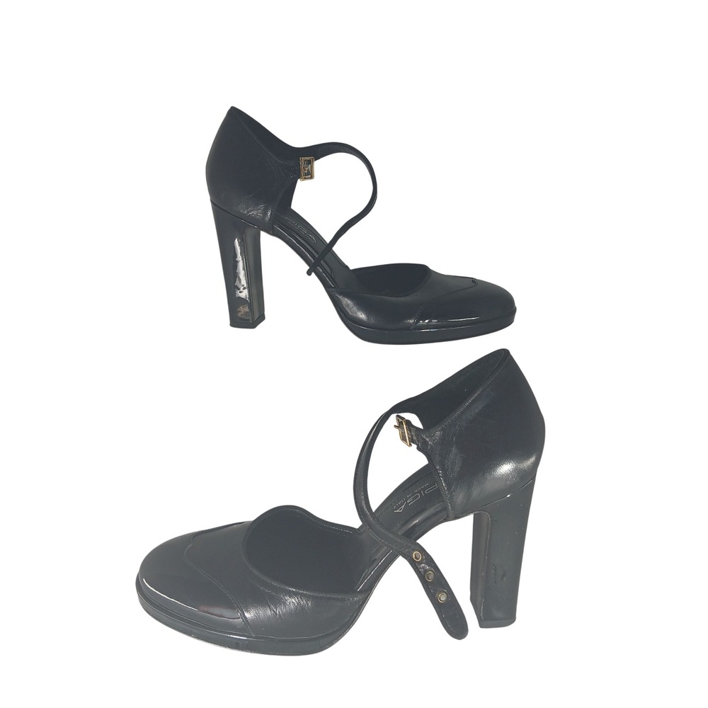 Via Spiga Mary Jane Heels 8.5 Black Leather T-Strap Block Platform Italy